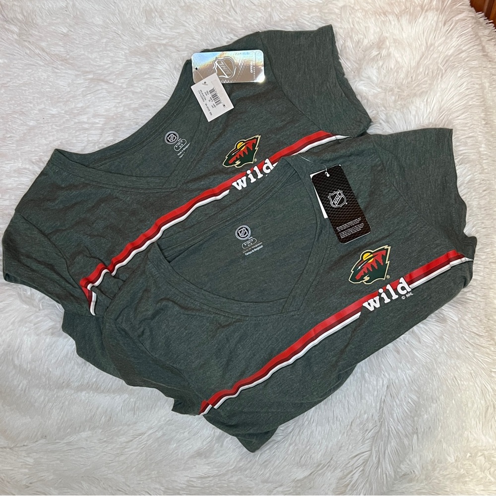 Lot of 2! NHL Minnesota Wild Ladies V-Neck Tee in Green, Red & White Logo